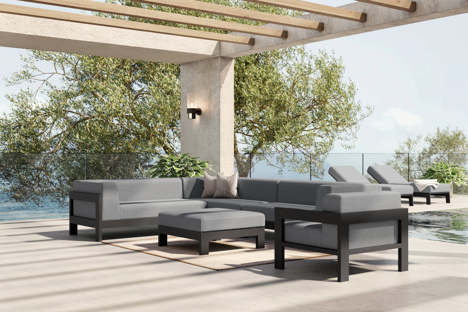 New Noosa Black Outdoor Fabric Corner Lounge With Ottoman